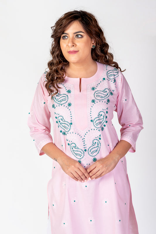 Nice Pink Color Hand Chikankari Lucknowi Cotton Kurti Lucknow Chikan Emporium.