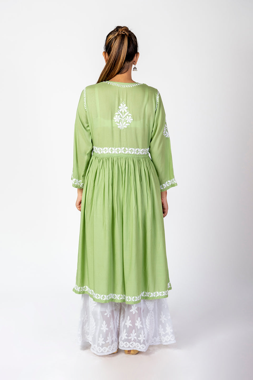 Nice Hand Embroided Skin Freindly Rayon Chikankari Green Gown kurti Lucknow Chikan Emporium.