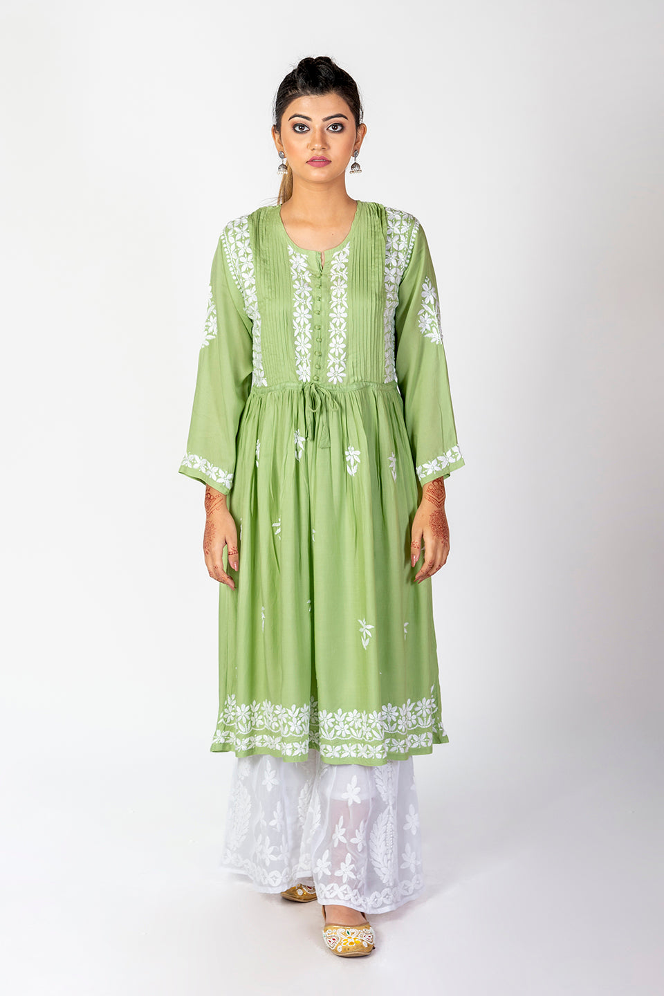 Nice Hand Embroided Skin Freindly Rayon Chikankari Green Gown kurti Lucknow Chikan Emporium.