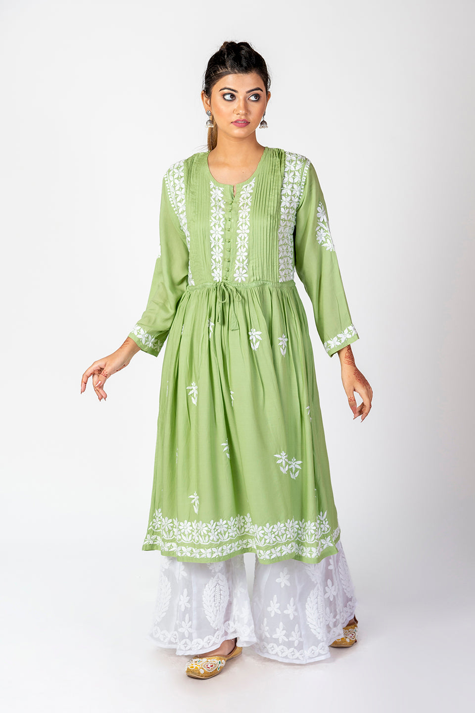 Nice Hand Embroided Skin Freindly Rayon Chikankari Green Gown kurti Lucknow Chikan Emporium.
