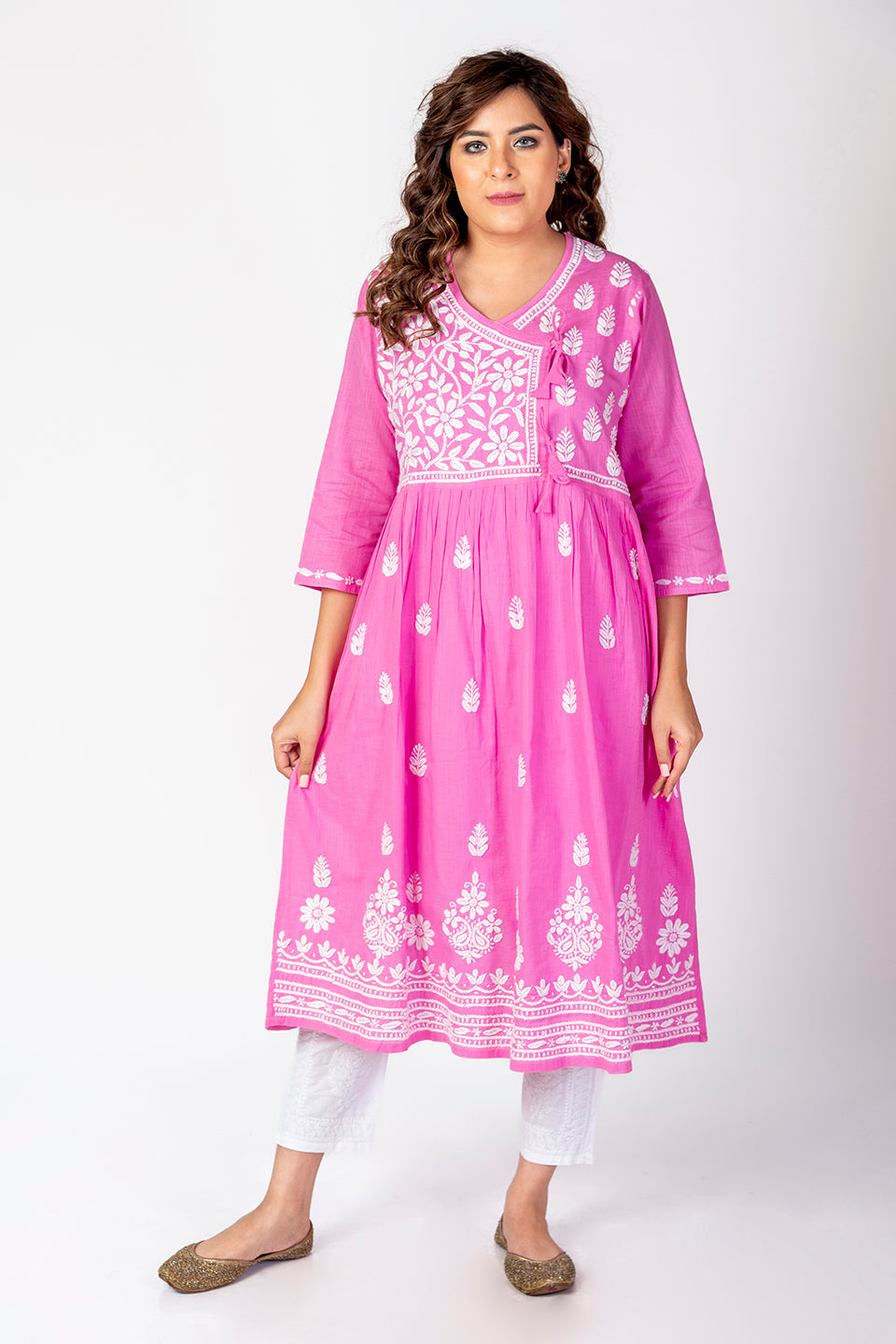 Nice Hand Embroided Skin Freindly Cotton Chikankari Pink Angarkha Lucknow Chikan Emporium.