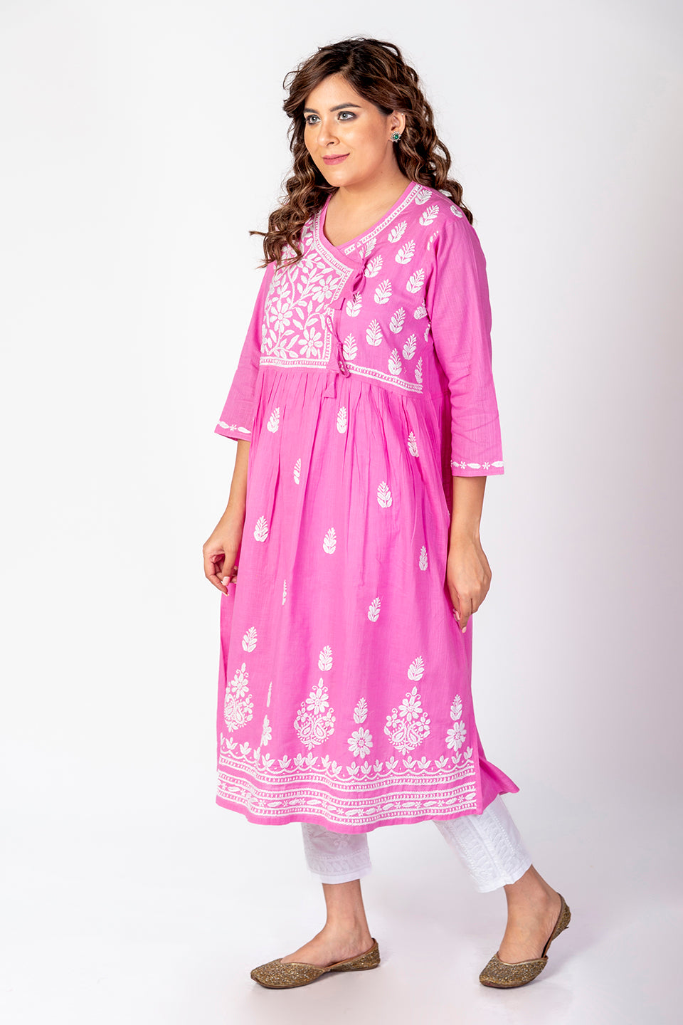 Nice Hand Embroided Skin Freindly Cotton Chikankari Pink Angarkha Lucknow Chikan Emporium.
