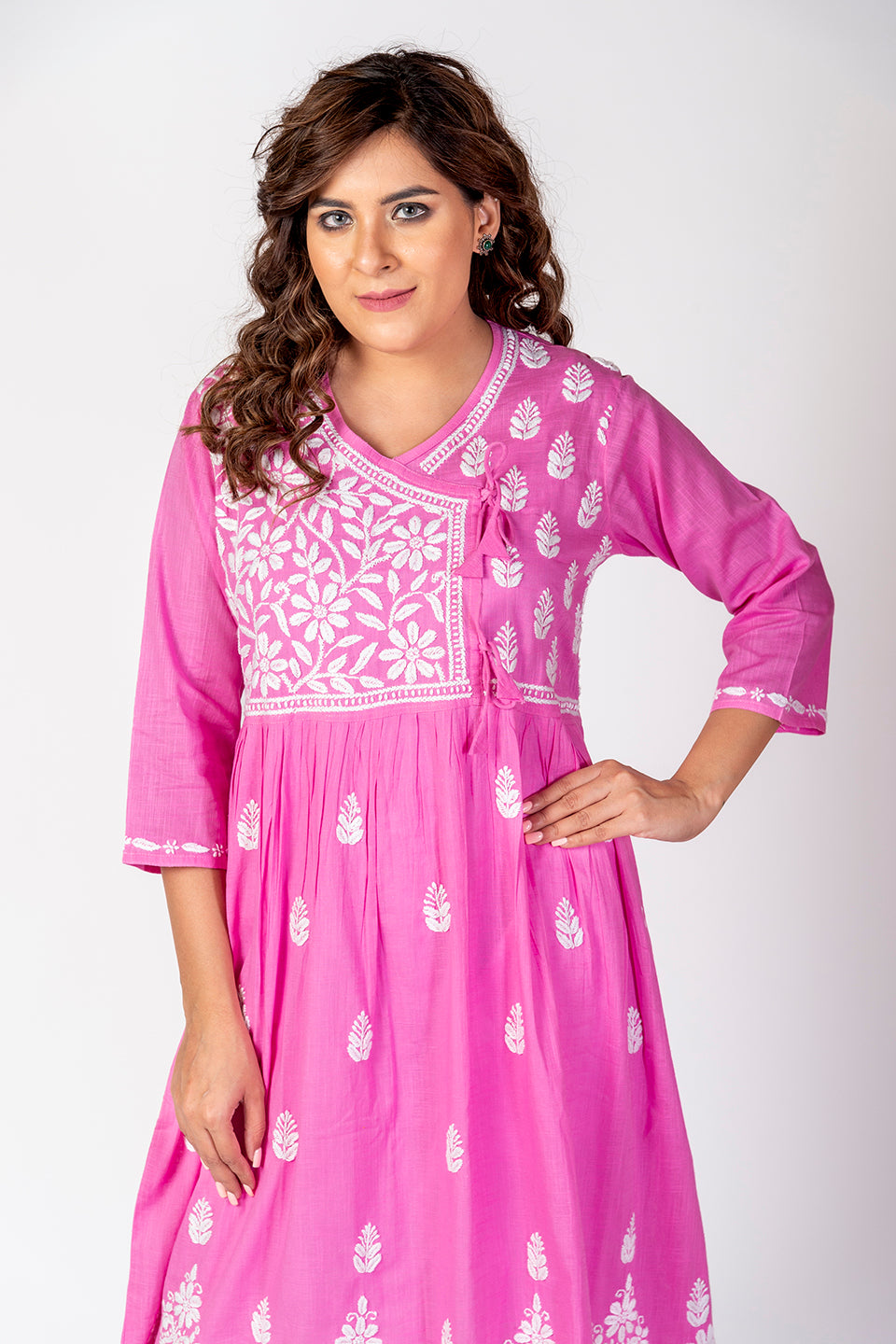 Nice Hand Embroided Skin Freindly Cotton Chikankari Pink Angarkha Lucknow Chikan Emporium.