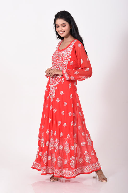 Lucknow chikan hand embroided skin friendly semi georgette Red Colour gown