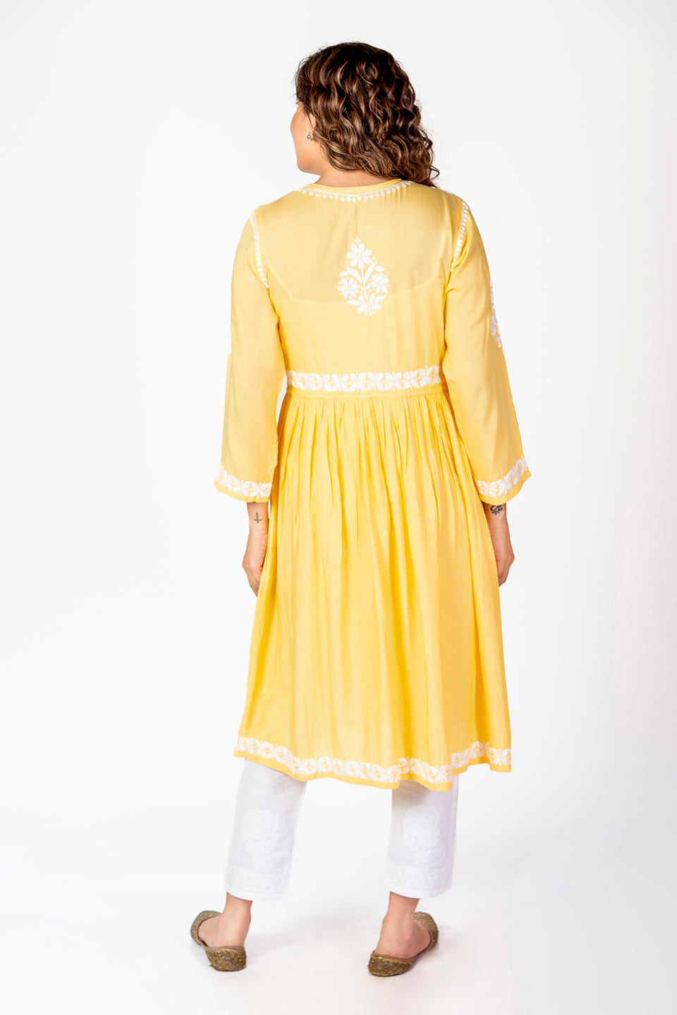 Nice Hand Embroided Skin Freindly Rayon Chikankari Yellow Gown kurti Lucknow Chikan Emporium.