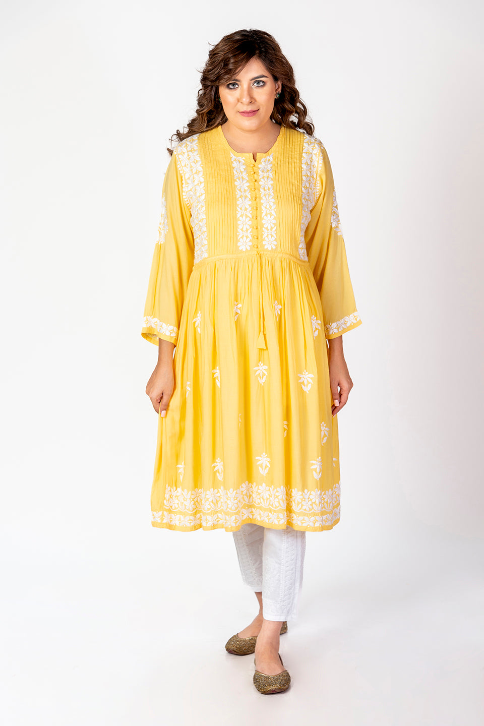 Nice Hand Embroided Skin Freindly Rayon Chikankari Yellow Gown kurti Lucknow Chikan Emporium.