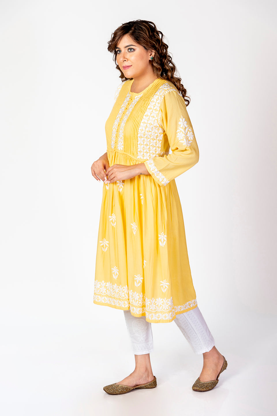 Nice Hand Embroided Skin Freindly Rayon Chikankari Yellow Gown kurti Lucknow Chikan Emporium.