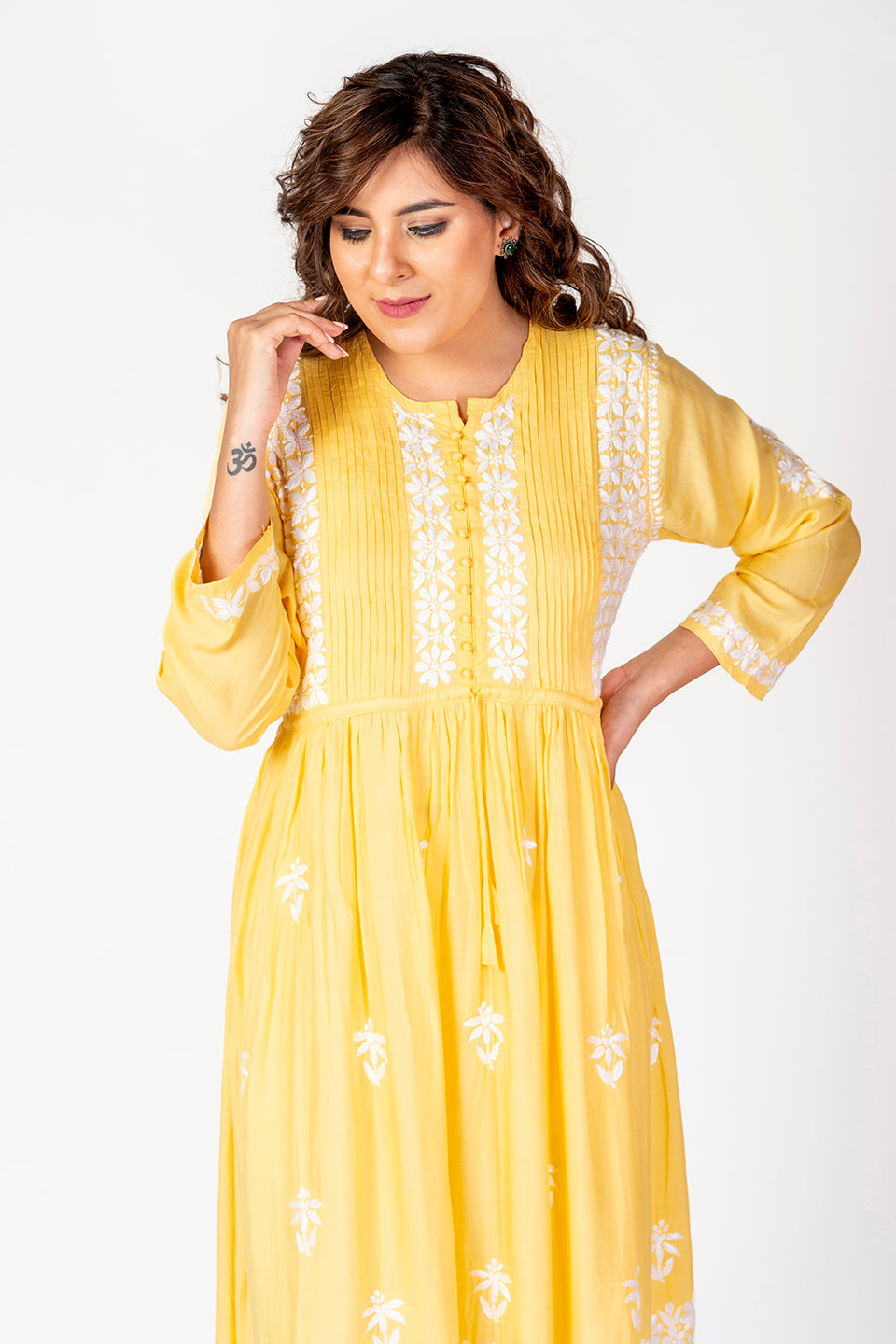 Nice Hand Embroided Skin Freindly Rayon Chikankari Yellow Gown kurti Lucknow Chikan Emporium.