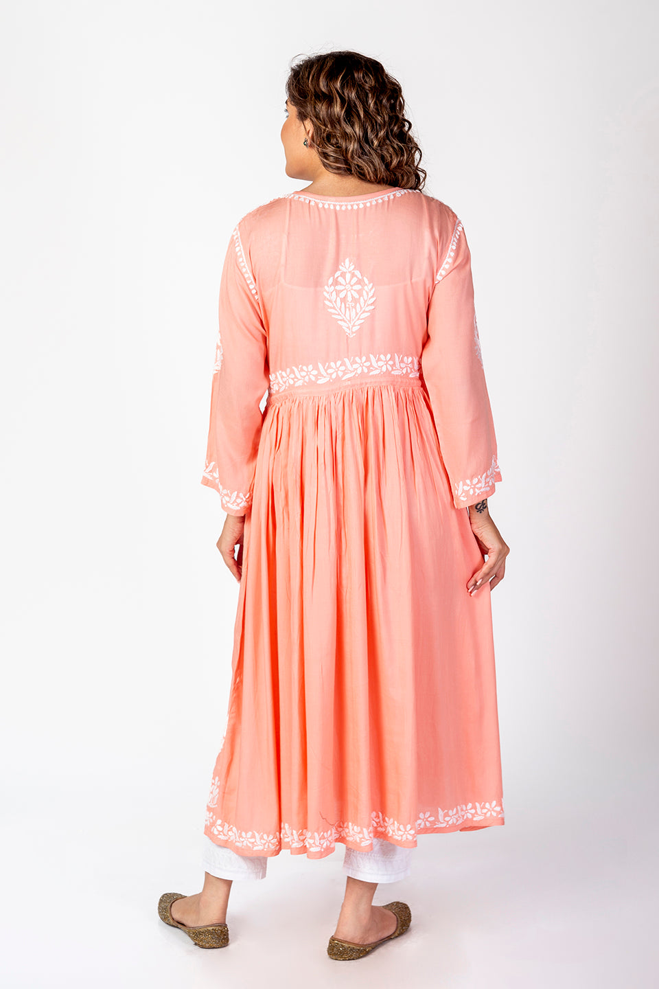 Nice Hand Embroided Skin Freindly Rayon Chikankari Peach long Gown kurti Lucknow Chikan Emporium.