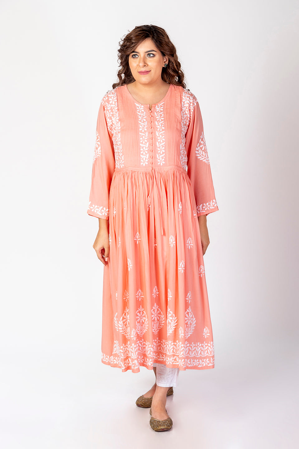 Nice Hand Embroided Skin Freindly Rayon Chikankari Peach long Gown kurti Lucknow Chikan Emporium.