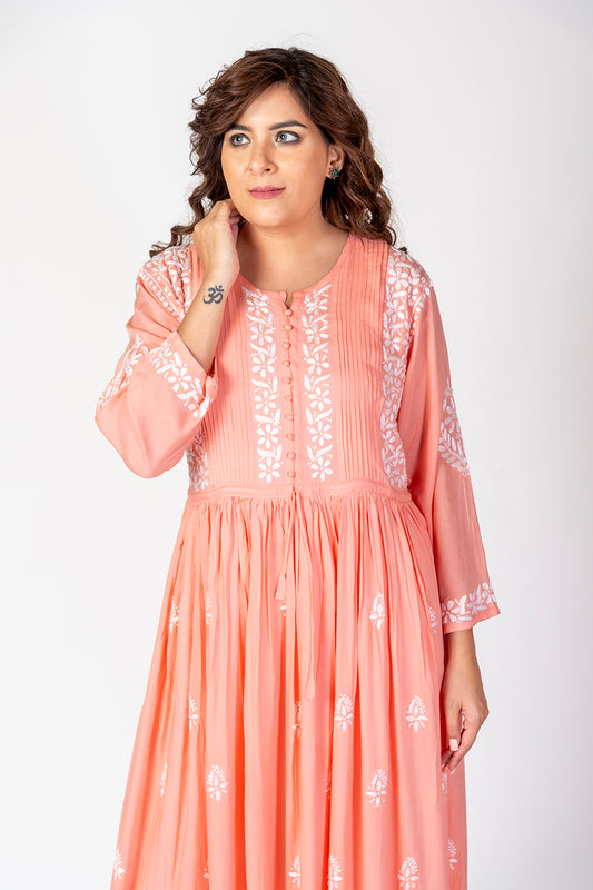 Nice Hand Embroided Skin Freindly Rayon Chikankari Peach long Gown kurti Lucknow Chikan Emporium.