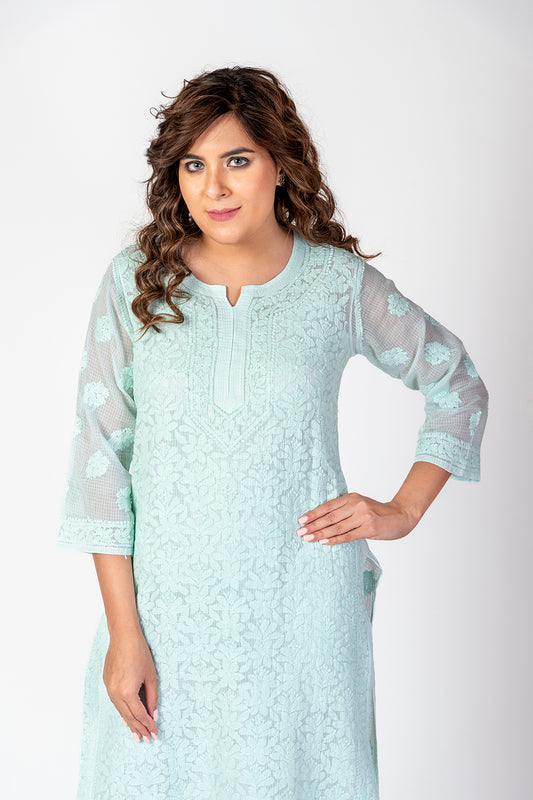 Light  Sea Green Kota Skin Friendly Hand Chikankari Kurti Lucknow Chikan Emporium