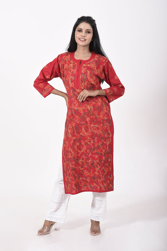 Red Hand embroided Skin freindly cotton Chikankari Kurti Lucknow Chikan Emporium.