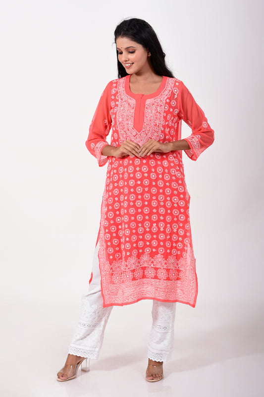 Dark peech Hand embroided Semi georgette Chikankari Kurti Lucknow Chikan Emporium.