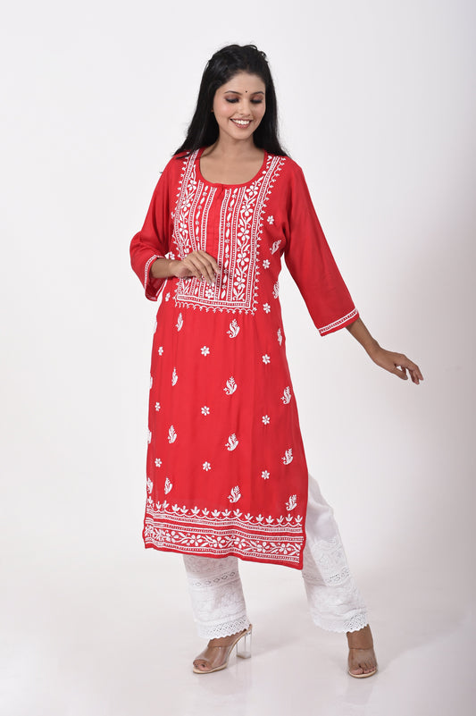 Red Hand embroided skin friendly very soft modal cotton Chikankari Kurti Lucknow Chikan Emporium.