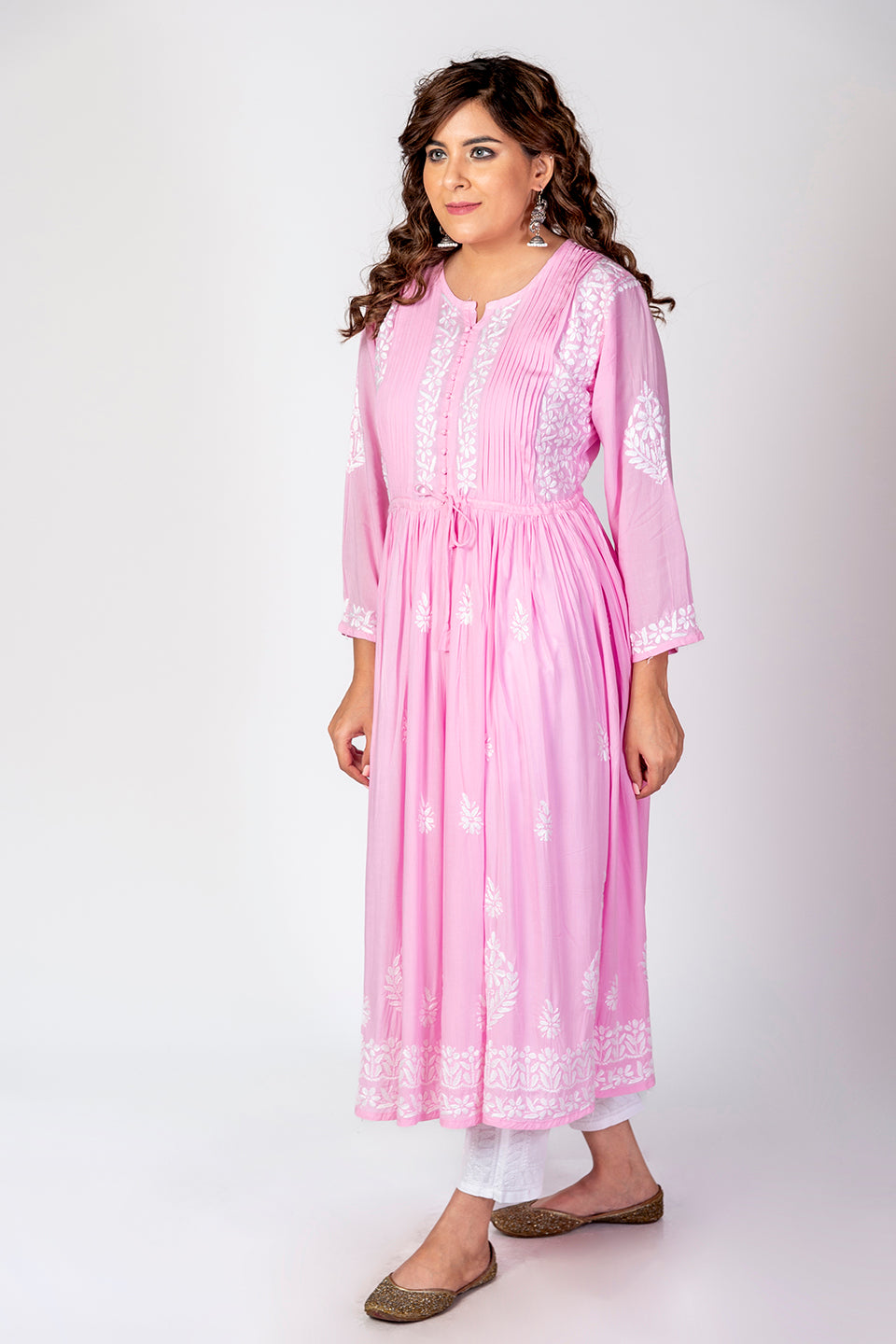 Nice Hand Embroided Skin Freindly Rayon Chikankari Pink long Gown kurti Lucknow Chikan Emporium.