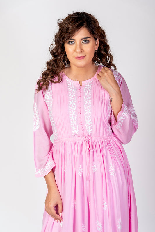 Nice Hand Embroided Skin Freindly Rayon Chikankari Pink long Gown kurti Lucknow Chikan Emporium.