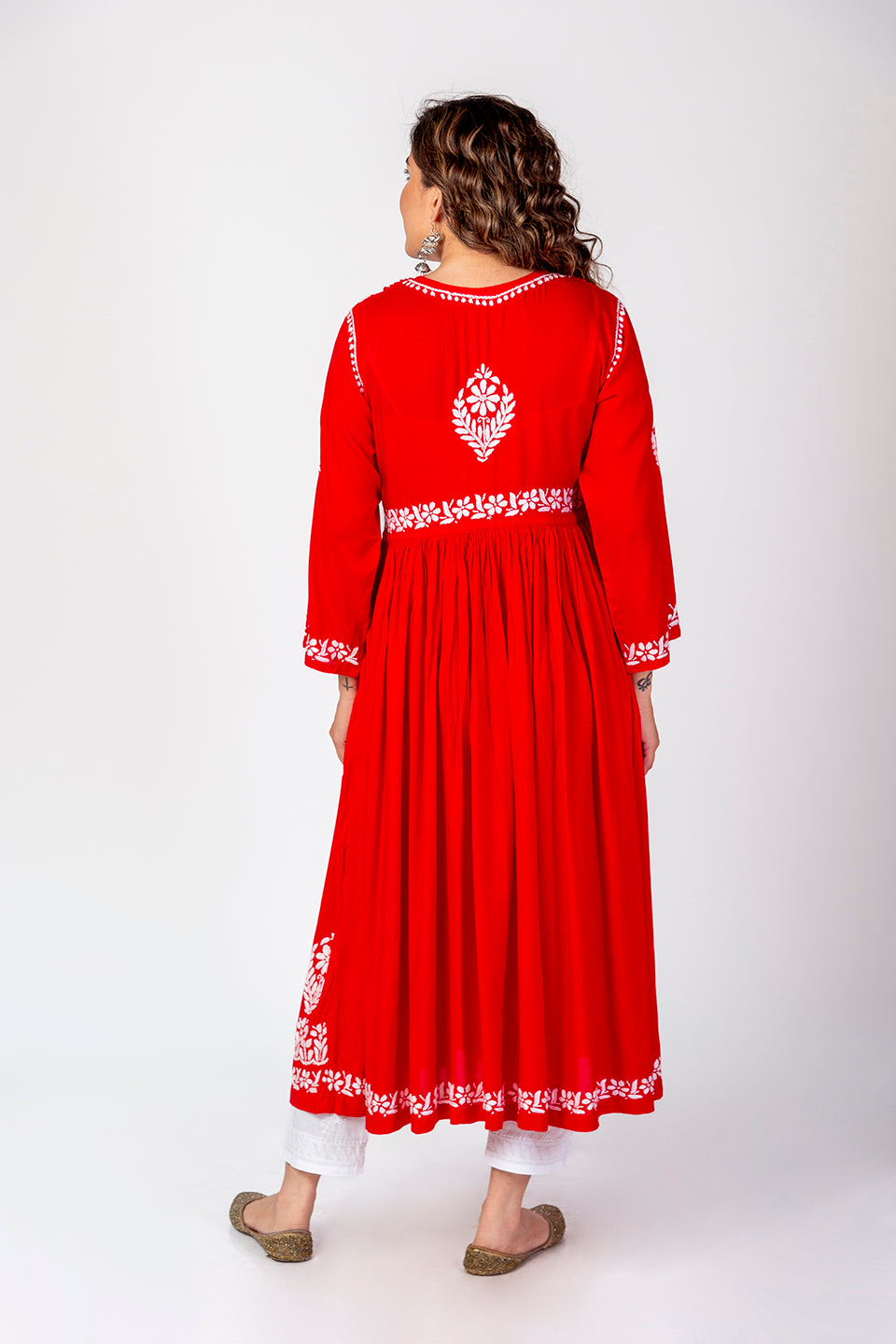 Nice Hand Embroided Skin Freindly Rayon Chikankari Red long  Gown kurti Lucknow Chikan Emporium.