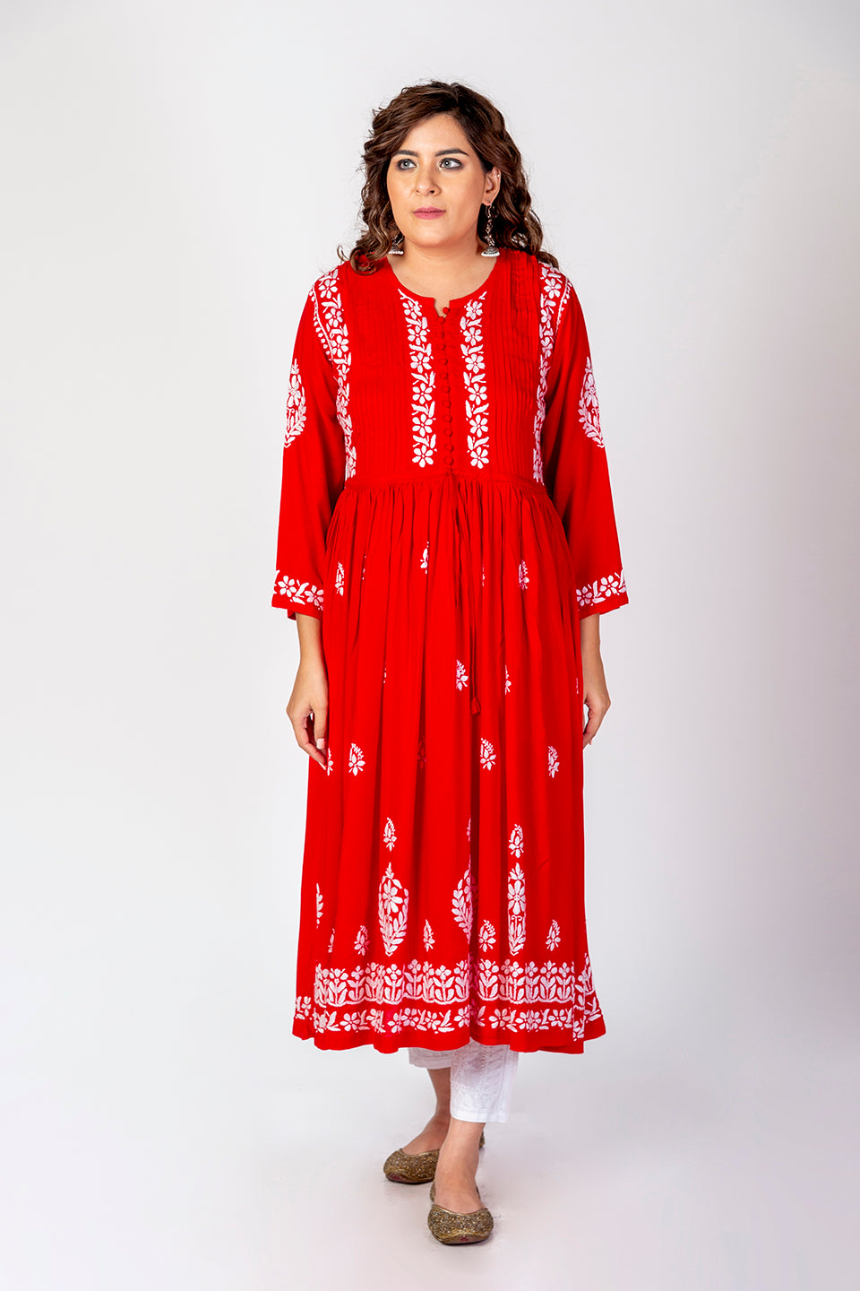 Nice Hand Embroided Skin Freindly Rayon Chikankari Red long  Gown kurti Lucknow Chikan Emporium.