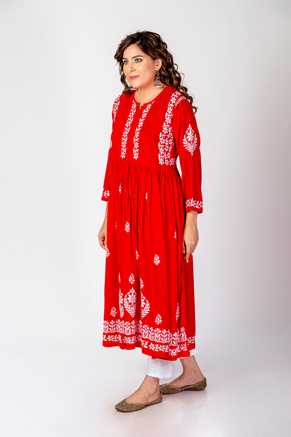 Nice Hand Embroided Skin Freindly Rayon Chikankari Red long  Gown kurti Lucknow Chikan Emporium.