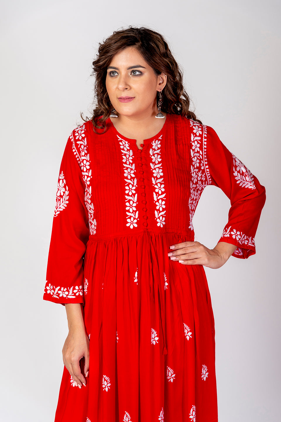 Nice Hand Embroided Skin Freindly Rayon Chikankari Red long  Gown kurti Lucknow Chikan Emporium.