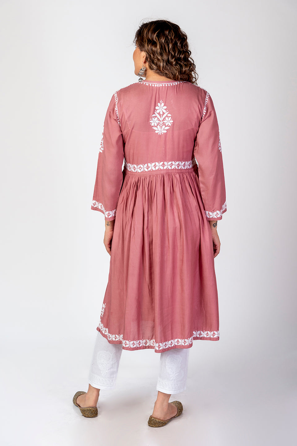 Nice Hand Embroided Skin Freindly Rayon Chikankari Rose Pink Gown kurti Lucknow Chikan Emporium.