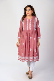 Nice Hand Embroided Skin Freindly Rayon Chikankari Rose Pink Gown kurti Lucknow Chikan Emporium.