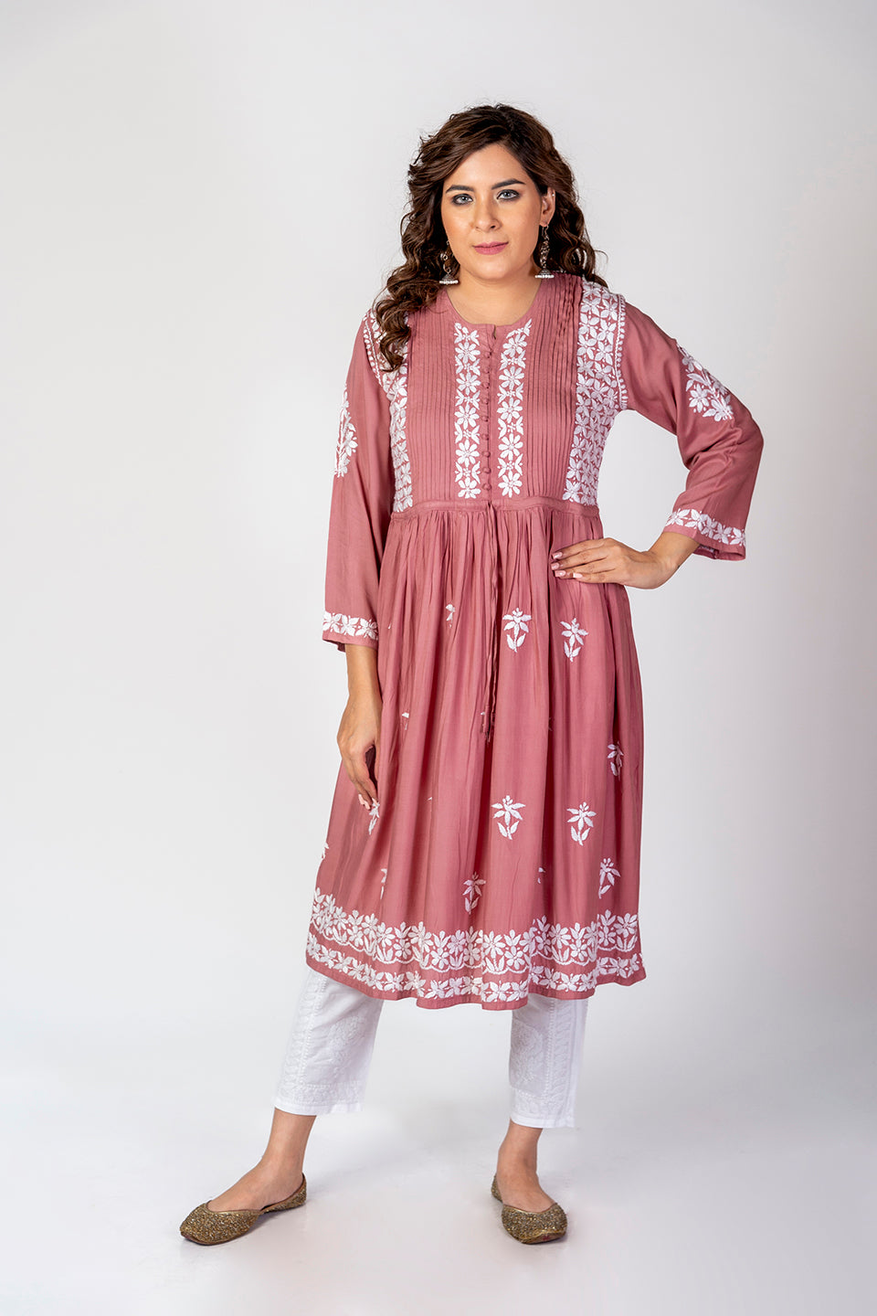 Nice Hand Embroided Skin Freindly Rayon Chikankari Rose Pink Gown kurti Lucknow Chikan Emporium.