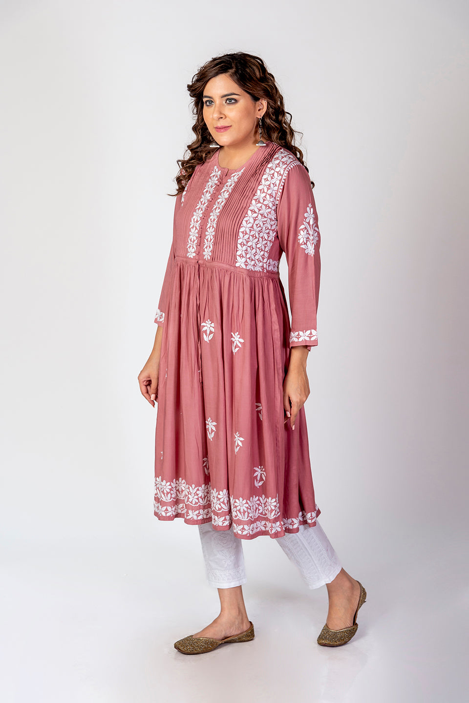 Nice Hand Embroided Skin Freindly Rayon Chikankari Rose Pink Gown kurti Lucknow Chikan Emporium.