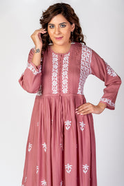 Nice Hand Embroided Skin Freindly Rayon Chikankari Rose Pink Gown kurti Lucknow Chikan Emporium.