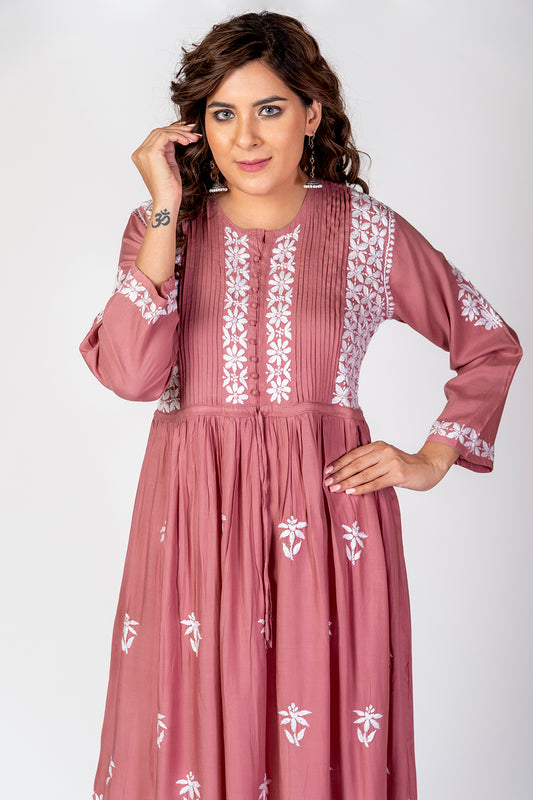 Nice Hand Embroided Skin Freindly Rayon Chikankari Rose Pink Gown kurti Lucknow Chikan Emporium.