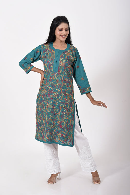 Peacock green Hand embroided Semi georgette Chikankari Kurti Lucknow Chikan Emporium.