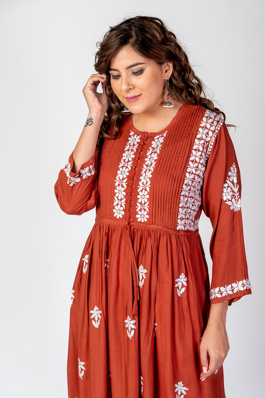 Nice Hand Embroided Skin Freindly Rayon Chikankari Brown Gown kurti Lucknow Chikan Emporium.