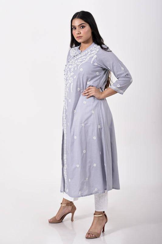 Light grey Hand embroided Semi georgette Chikankari Kurti Lucknow Chikan Emporium.