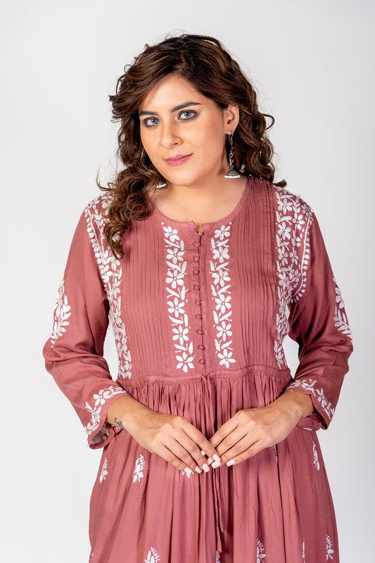 Nice Hand Embroided Skin Freindly Rayon Chikankari Rose Pink Gown kurti Lucknow Chikan Emporium.