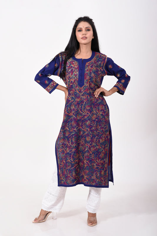 Navy blue Hand embroided skin freindly cotton Chikankari Kurti Lucknow Chikan Emporium.