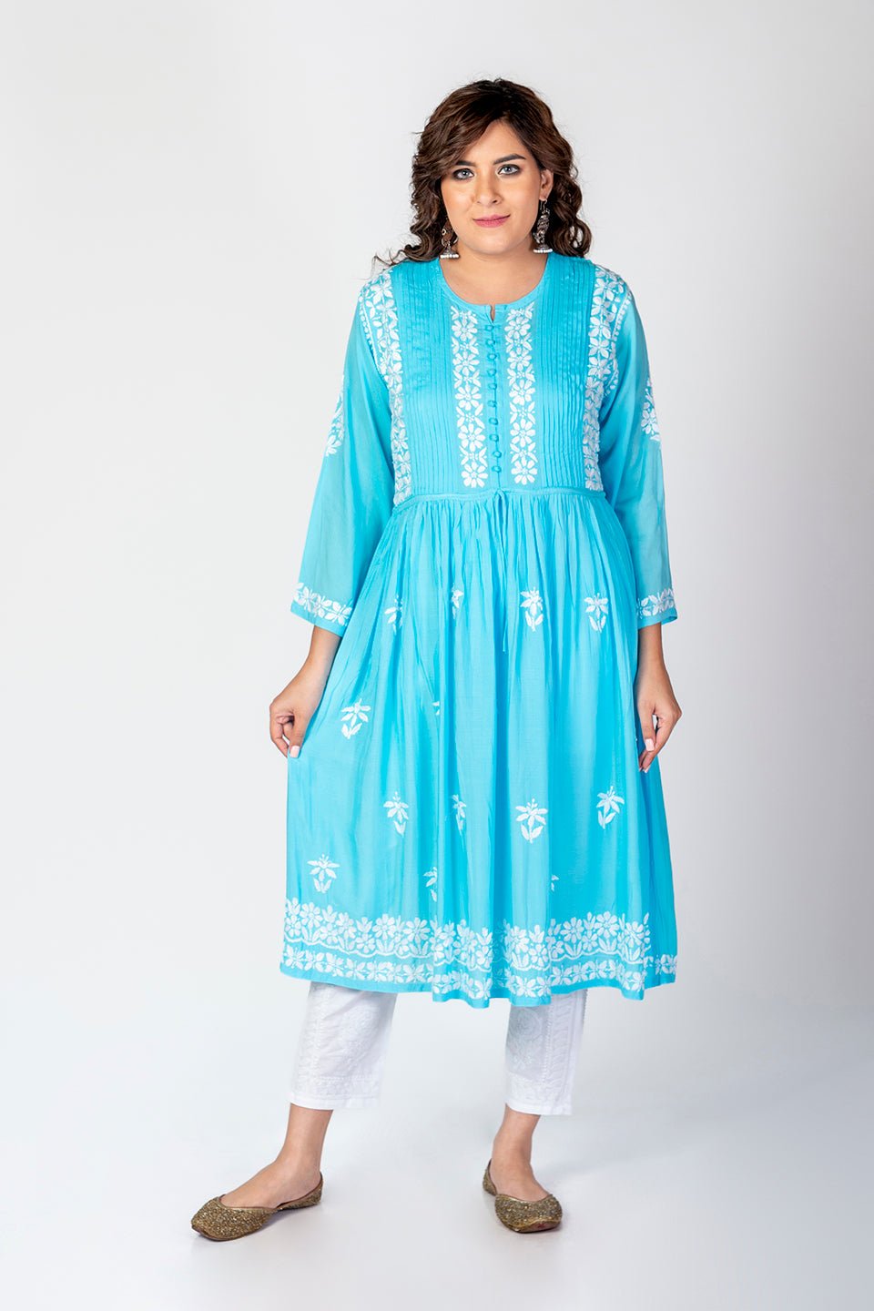 Nice Hand Embroided Skin Freindly Rayon Chikankari Blue Gown kurti Lucknow Chikan Emporium.