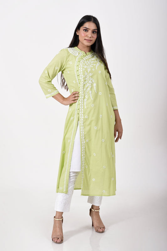 Light green Hand embroided Semi georgette Chikankari Kurti Lucknow Chikan Emporium.