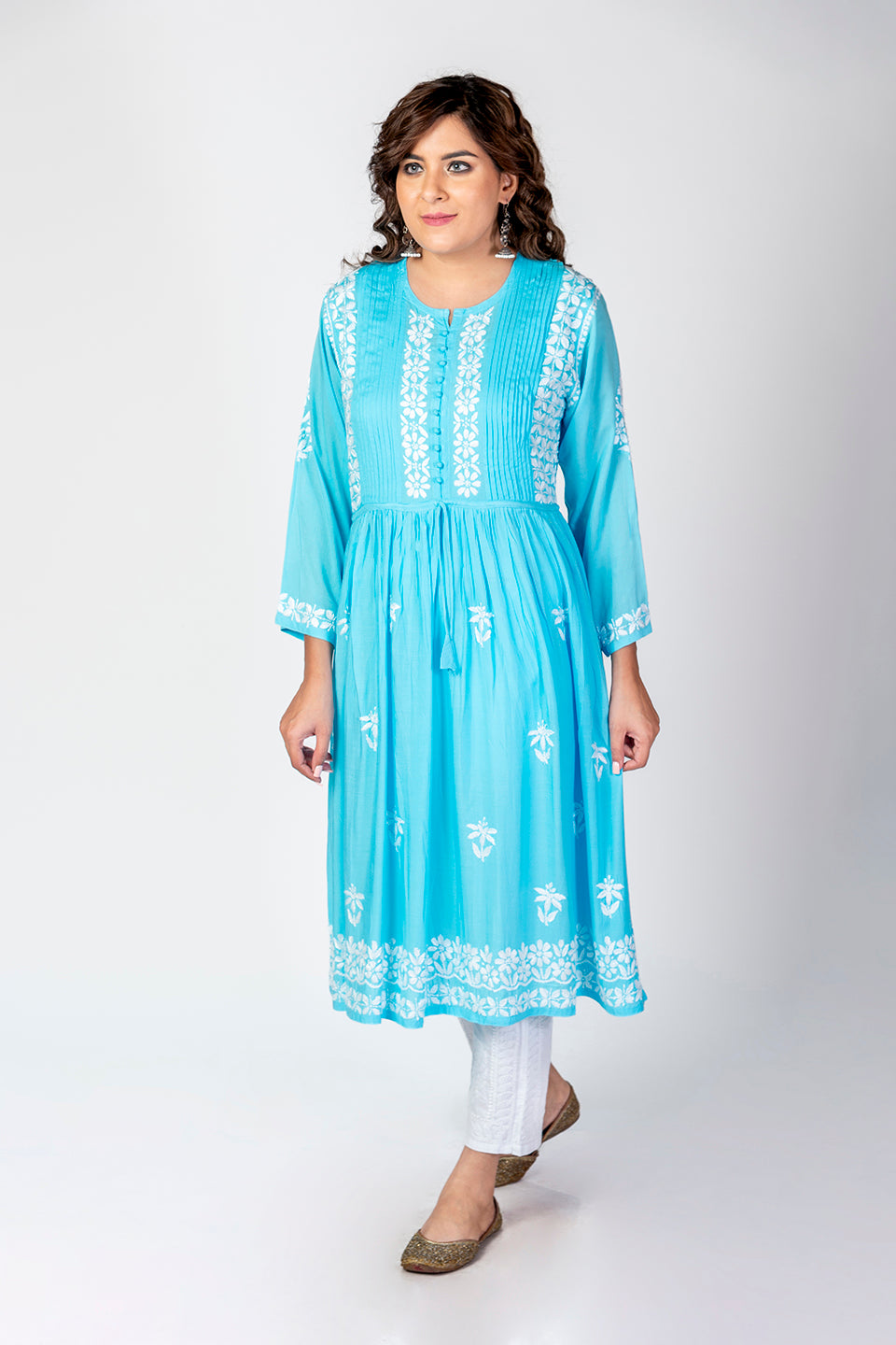 Nice Hand Embroided Skin Freindly Rayon Chikankari Blue Gown kurti Lucknow Chikan Emporium.