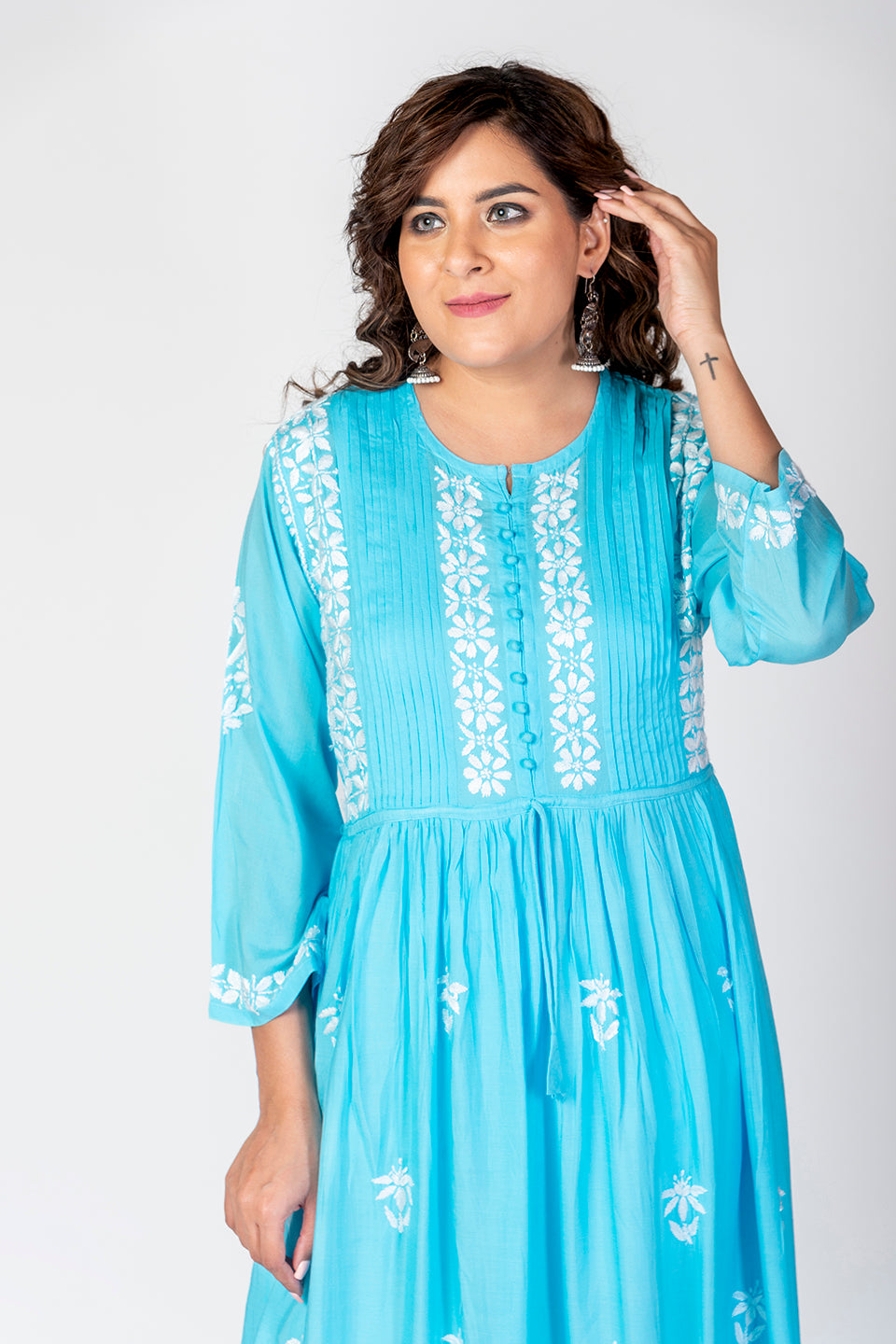 Nice Hand Embroided Skin Freindly Rayon Chikankari Blue Gown kurti Lucknow Chikan Emporium.