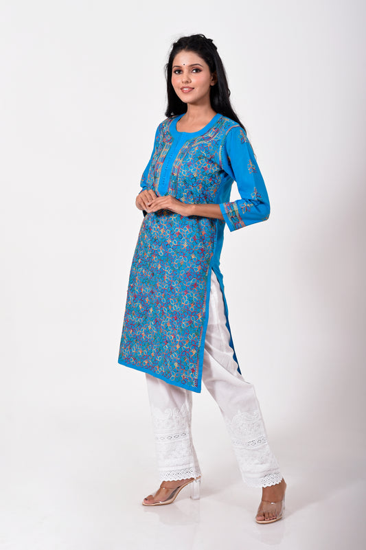 Dark blue Hand embroided skin freindly cotton Chikankari Kurti Lucknow Chikan Emporium.