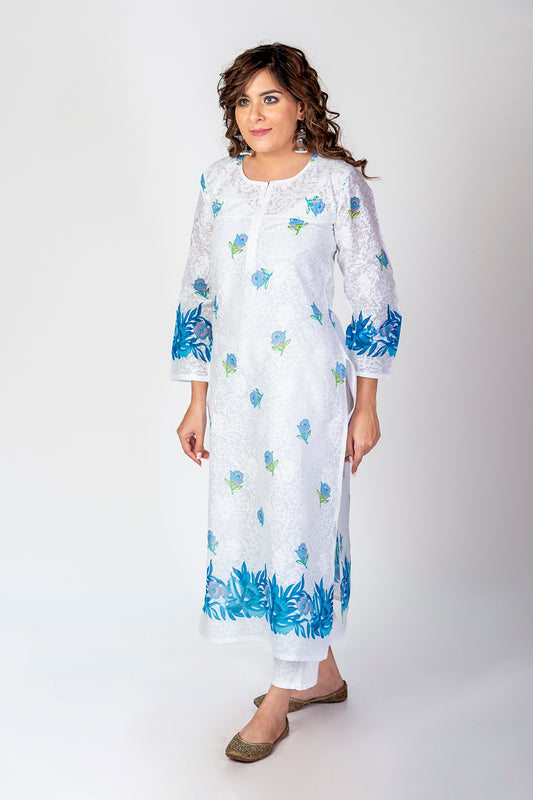 Lucknowi Cotton White/Blue Colour Hand Chikankari Kurti Lucknow Chikan Emporium.