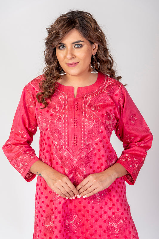 Nice Hand Chikankari Lucknowi Cotton Silk Kurti (Nice Rani Pink Color) Lucknow Chikan Emporium.