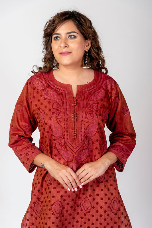 Nice Hand Chikankari Lucknowi Cotton Silk Kurti (Nice Brown Color) Lucknow Chikan Emporium.