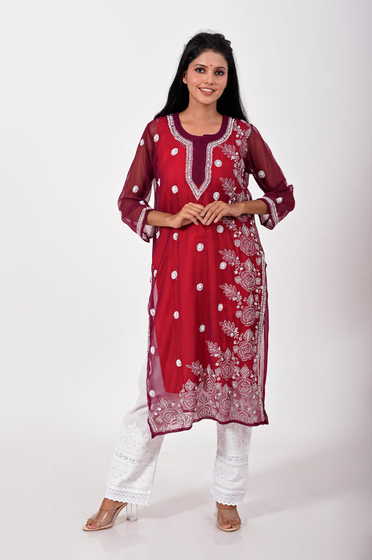 Wine Hand embroided Semi georgette Chikankari Kurti Lucknow Chikan Emporium.