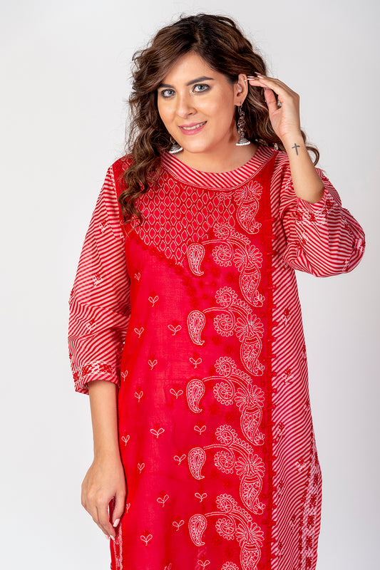 Nice Hand Chikankari Elegant Cotton Kurti (Red Color) Lucknow Chikan Emporium.