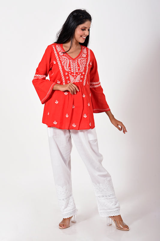 Lucknowi Hand Embroidered Break Red Short Chikan Kurti.