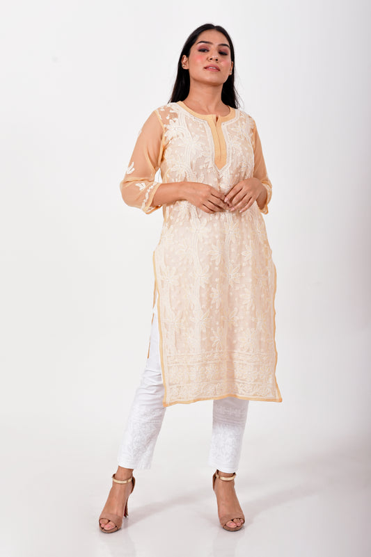 Hand Chikankari Semi Georgette nice fawn women Kurti Lucknow Chikan Emporium.