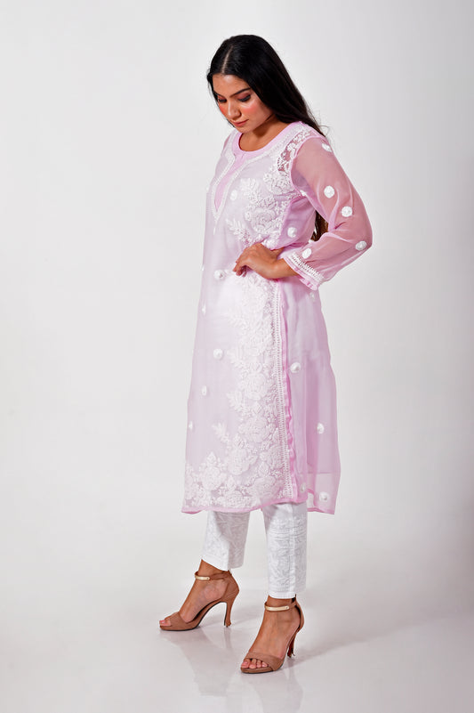 Pink Hand embroided Semi georgette Chikankari Kurti Lucknow Chikan Emporium.