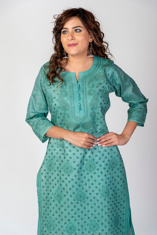 Nice Hand Chikankari Lucknowi Cotton Silk Kurti (Nice Emarald Green Color) Lucknow Chikan Emporium.